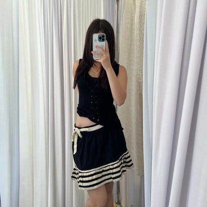 Fornarina Black Cream Drop Waist Striped Ribbon Wide Pleat Mini Skirt