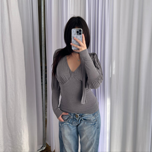 Morgan Grey V Neck Built in Scarf V Neck Long Sleeve Blouson Top