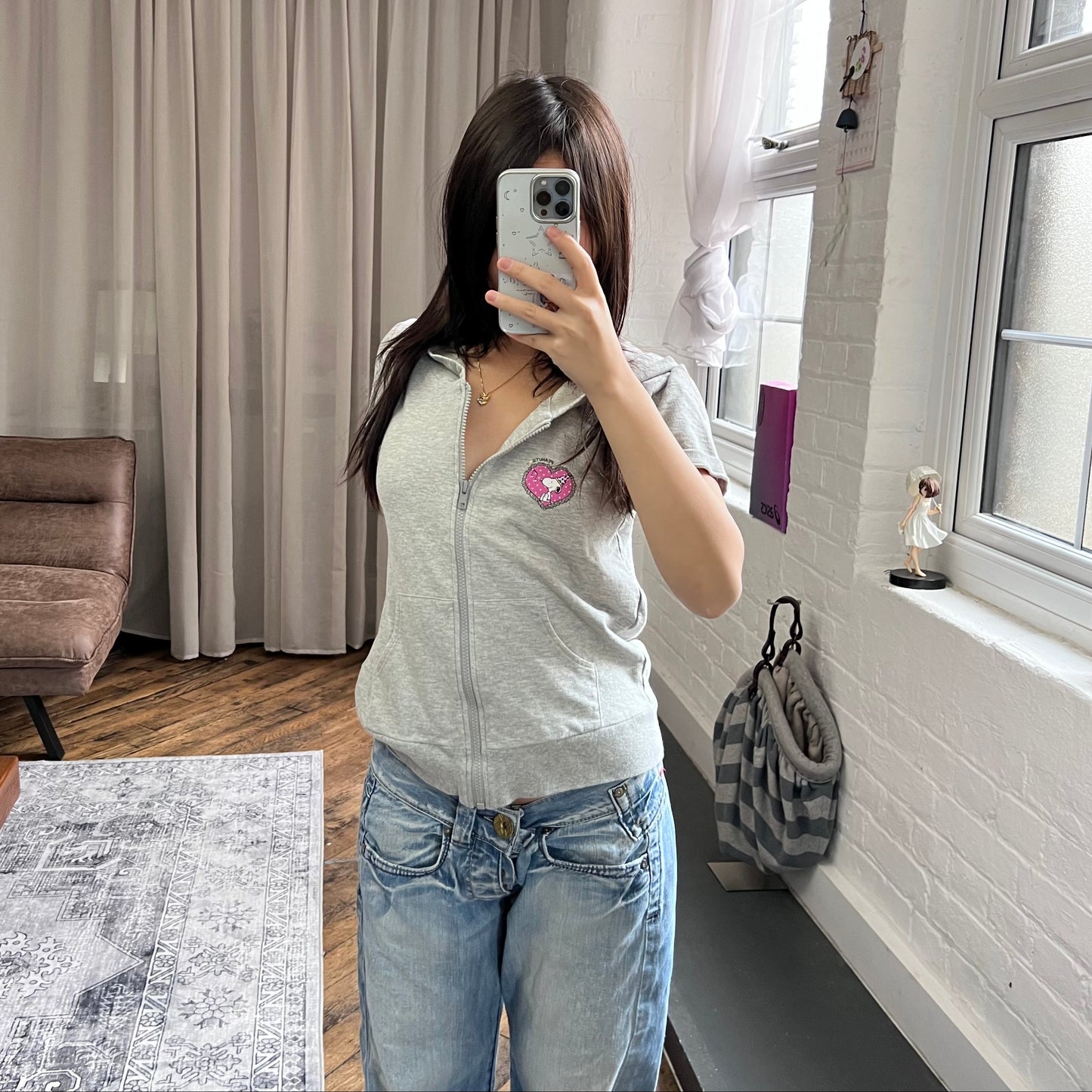 grey preppy y2k peanuts snoopy heart short sleeve zip hoodie