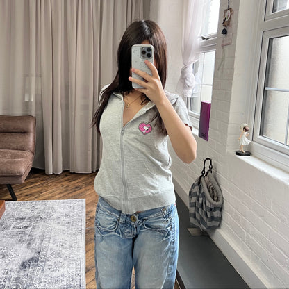 grey preppy y2k peanuts snoopy heart short sleeve zip hoodie