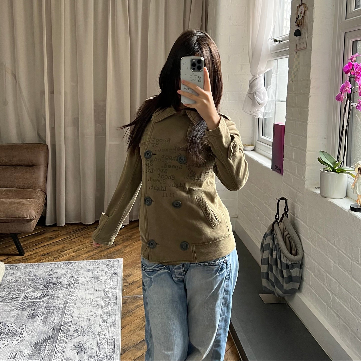 hysterics khaki corpcore asymmetric button faded text graphic collared jacket