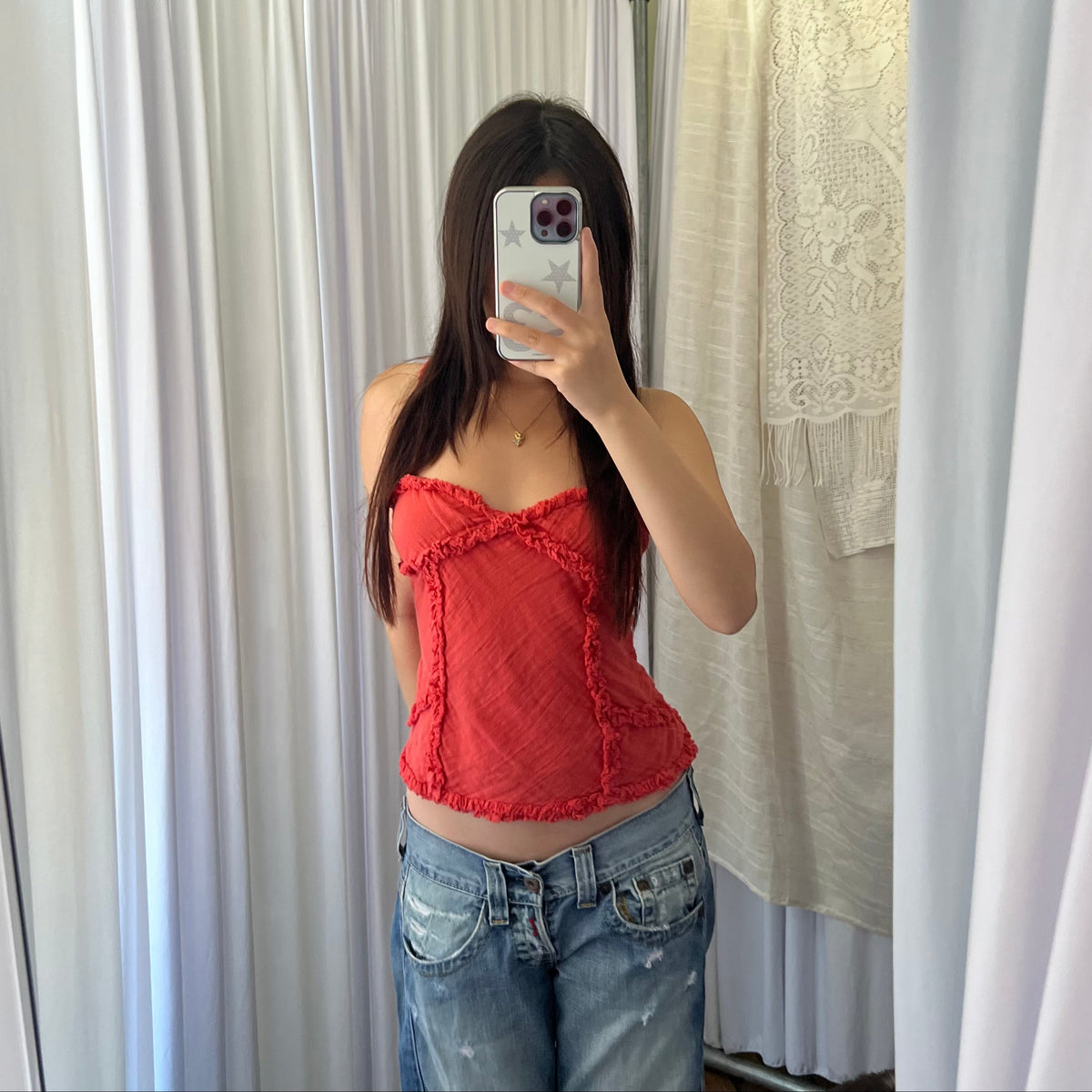 Blood Orange Ruffle Linen Like Lace Up Corset Camisole