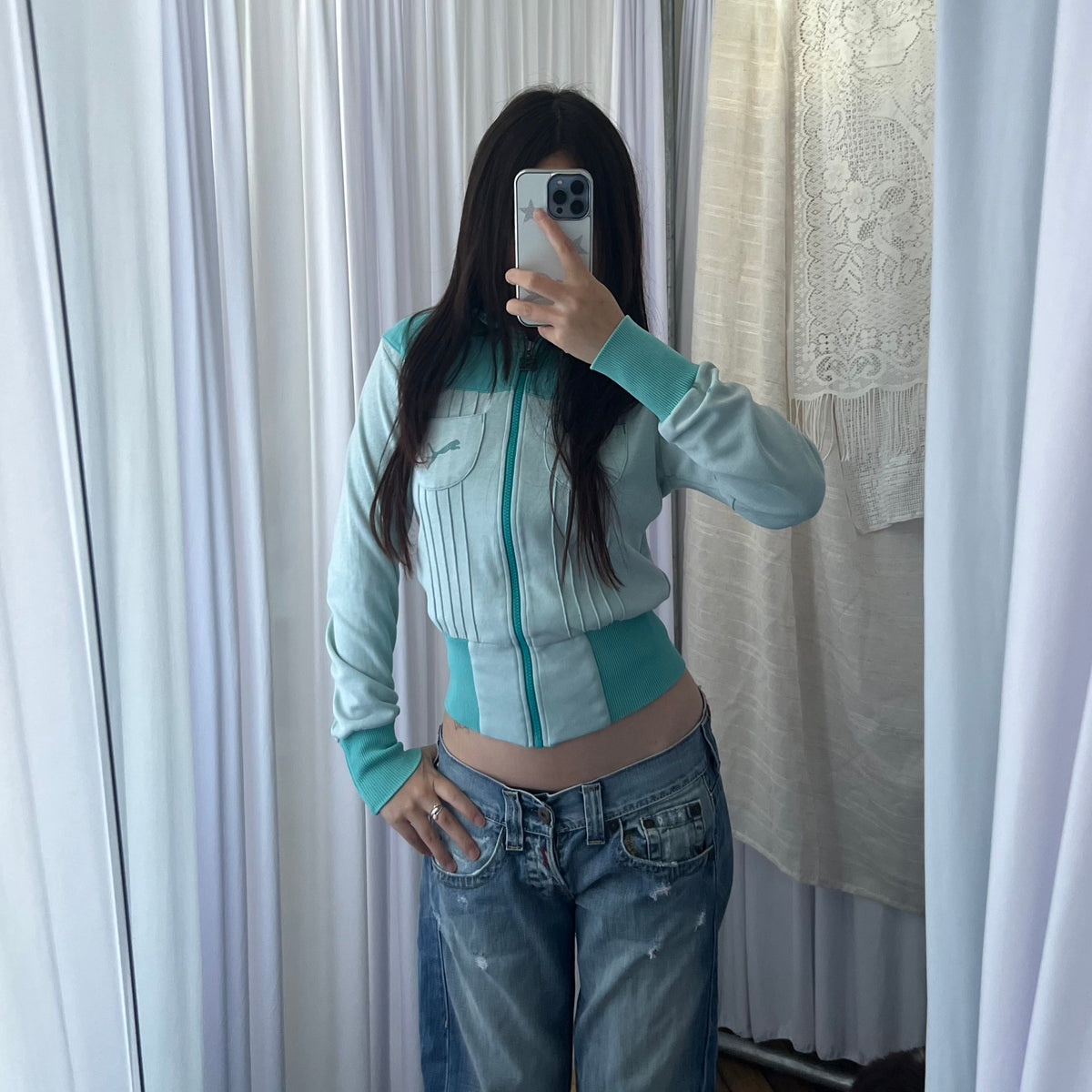 Puma Turquoise High Neck Fitted Zip Jacket Top