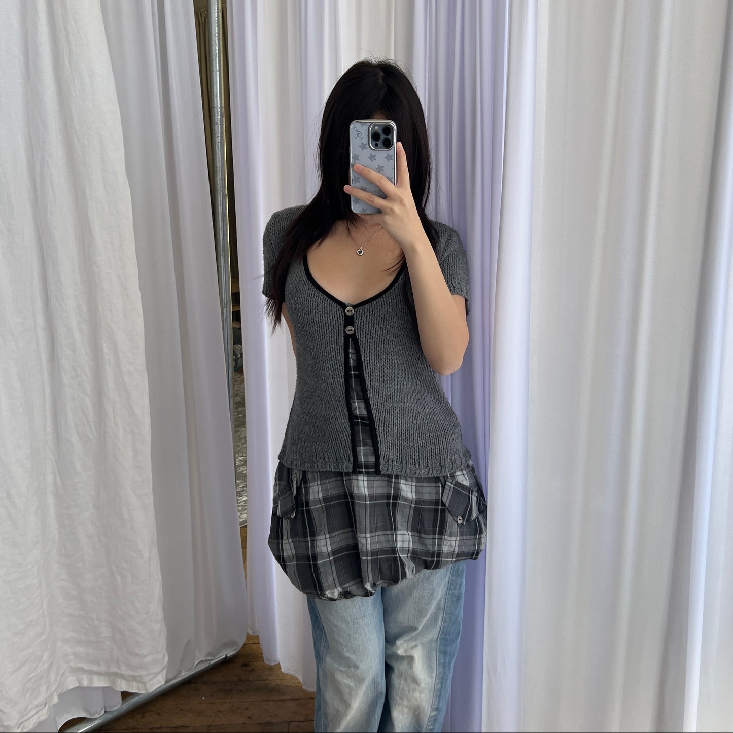 Cache Cache Grey Knit Puff Checkered Hem Tunic Dress