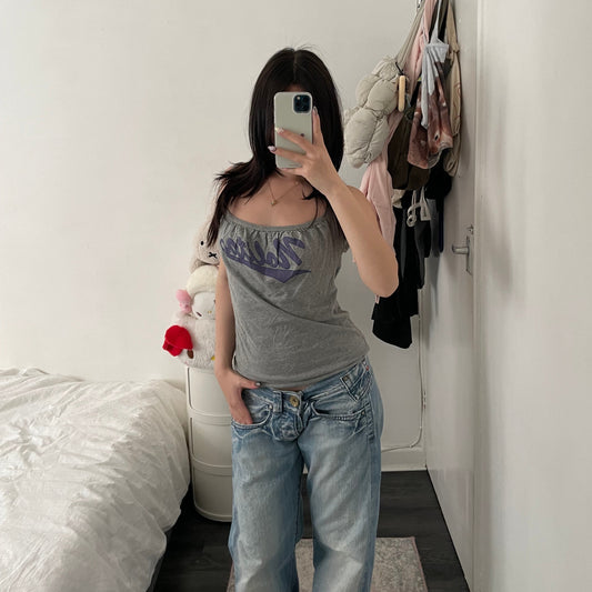 vintage sporty grey silk cotton nolita purple text tank top