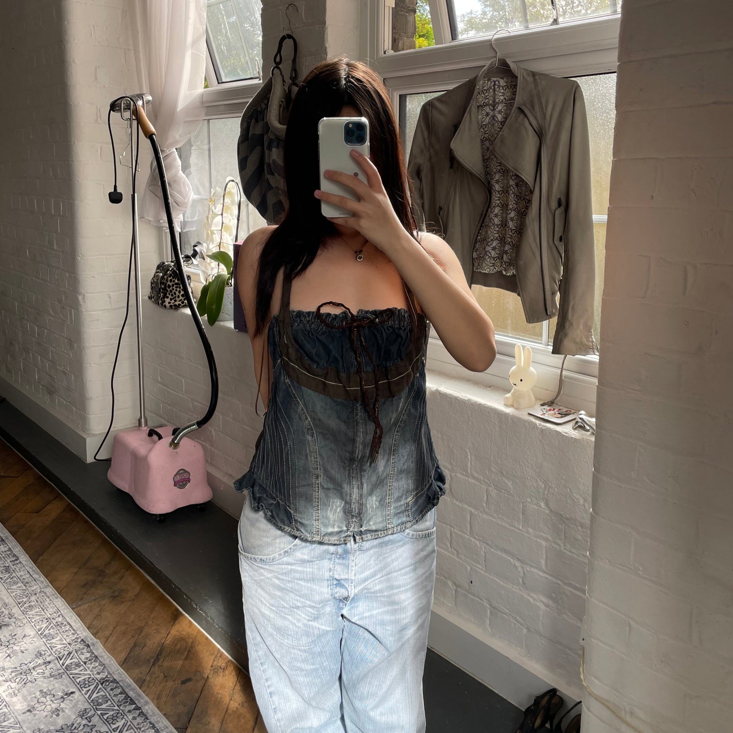 mariagrazia panizzi 西部波西米亚风蓝色牛仔布棕色蕾丝褶皱紧身胸衣紧身胸衣