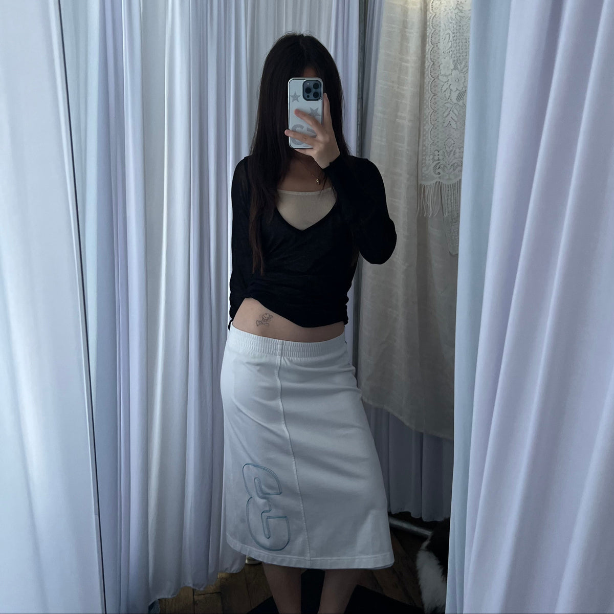 Adidas White Blue Striped 3 Letter A Line Midi Skirt
