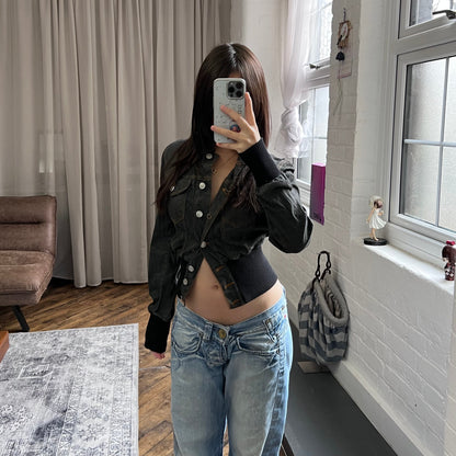 vintage fornarina dark indigo wash denim long sleeve cinched ribbed waist collared jacket