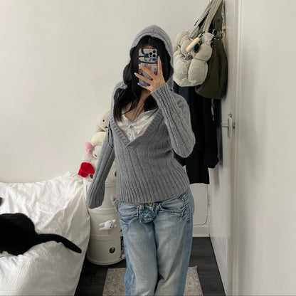 cop copine grey ribbed wool blend milkmaid hooded knit jumper