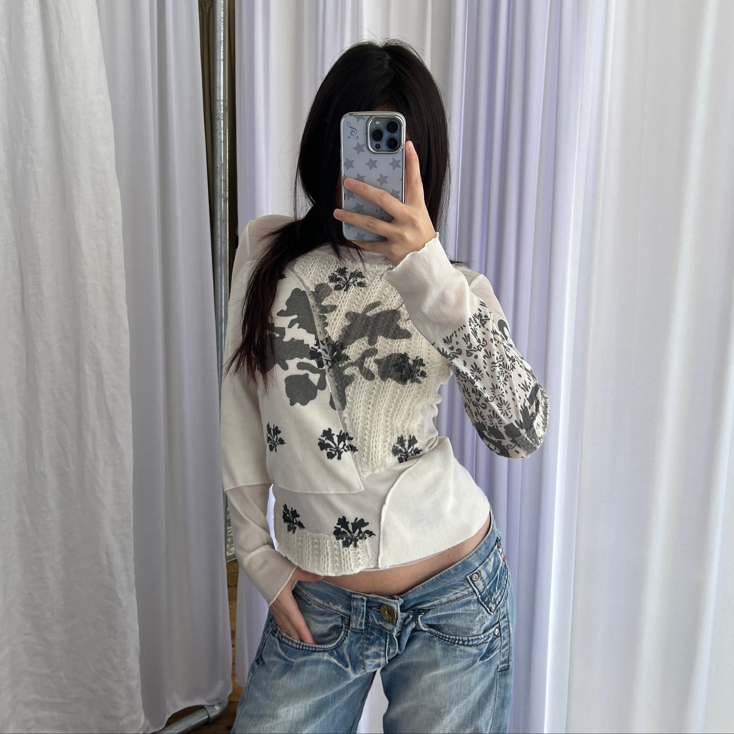White Cream Promod Grey Graphic Long Sleeve Mix Material Mesh Knit Top