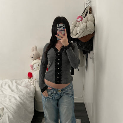 90s kookai preppy grey striped long sleeve cardigan top with black lace trim