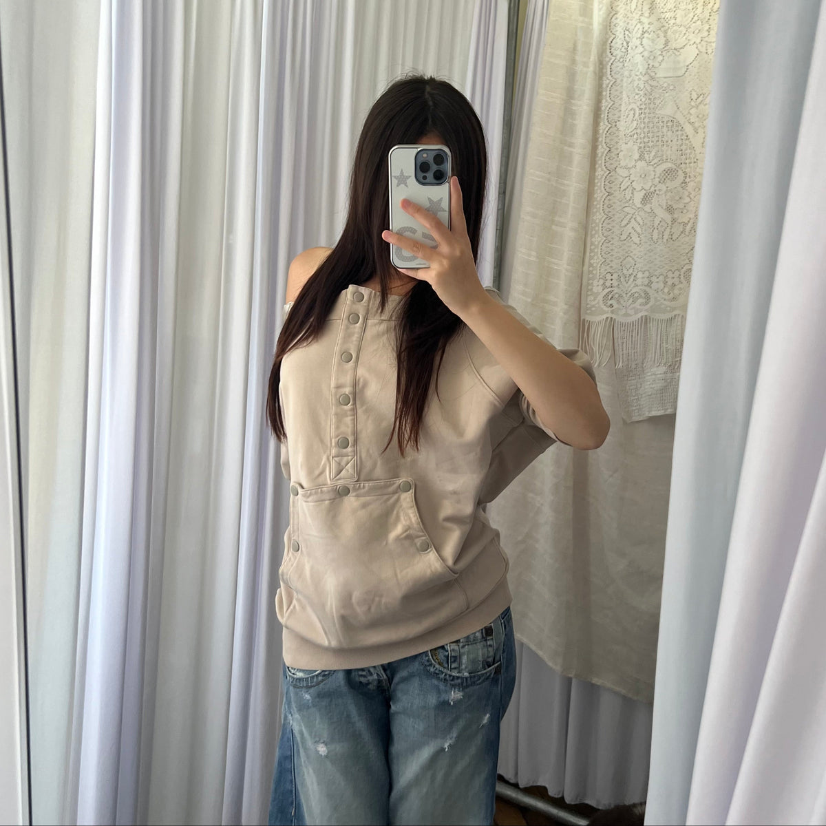 Adidas X Stella Mccartney Beige Off Shoulder 3/4 Button Sweater Top