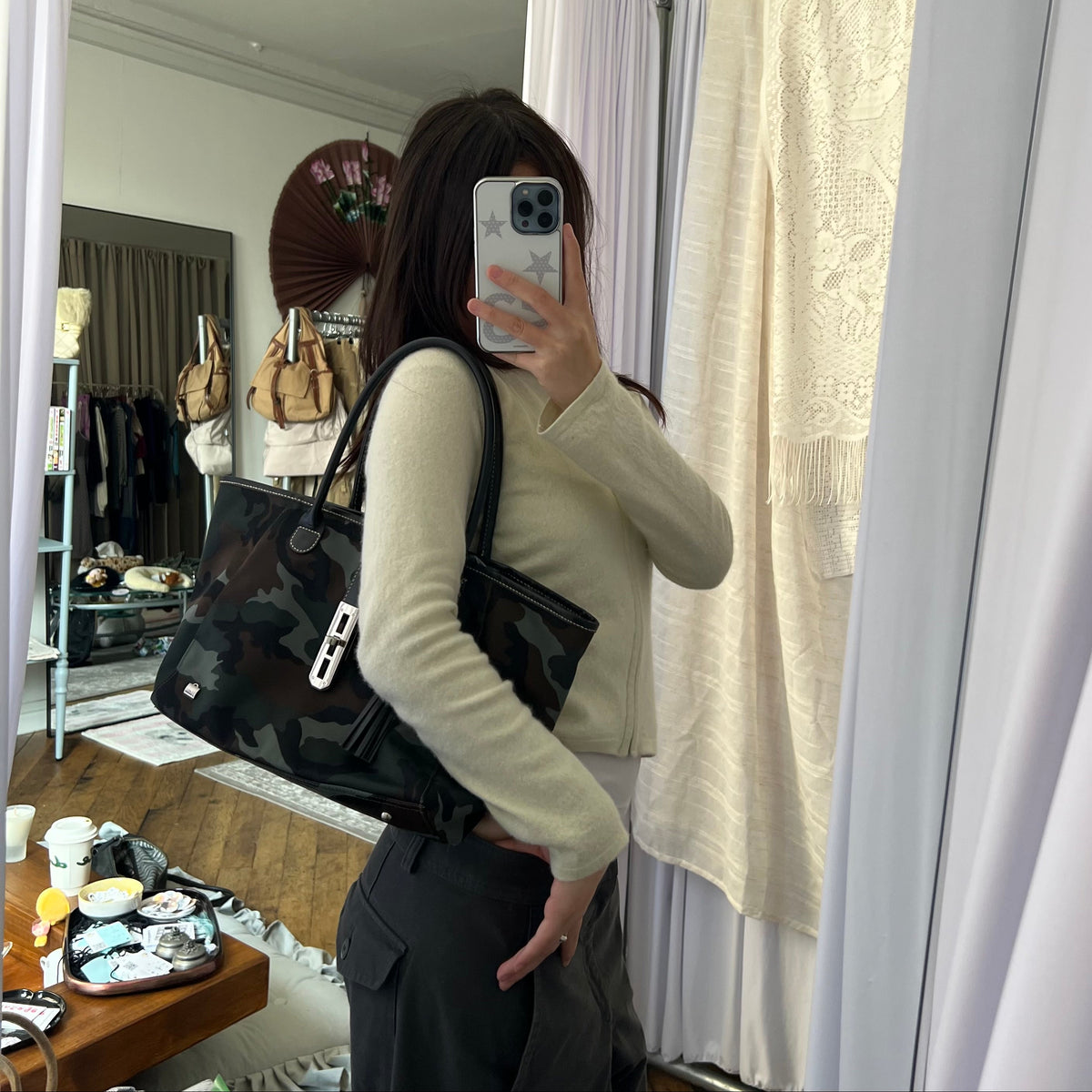 Nylon Leather Khaki Camo Buckle Front Tassel Keychain Tote Bag