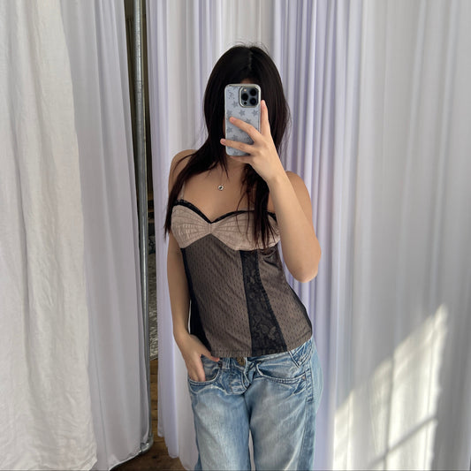 Romantic Promod Beige Black Polka Dot Layered Bustier Camisole