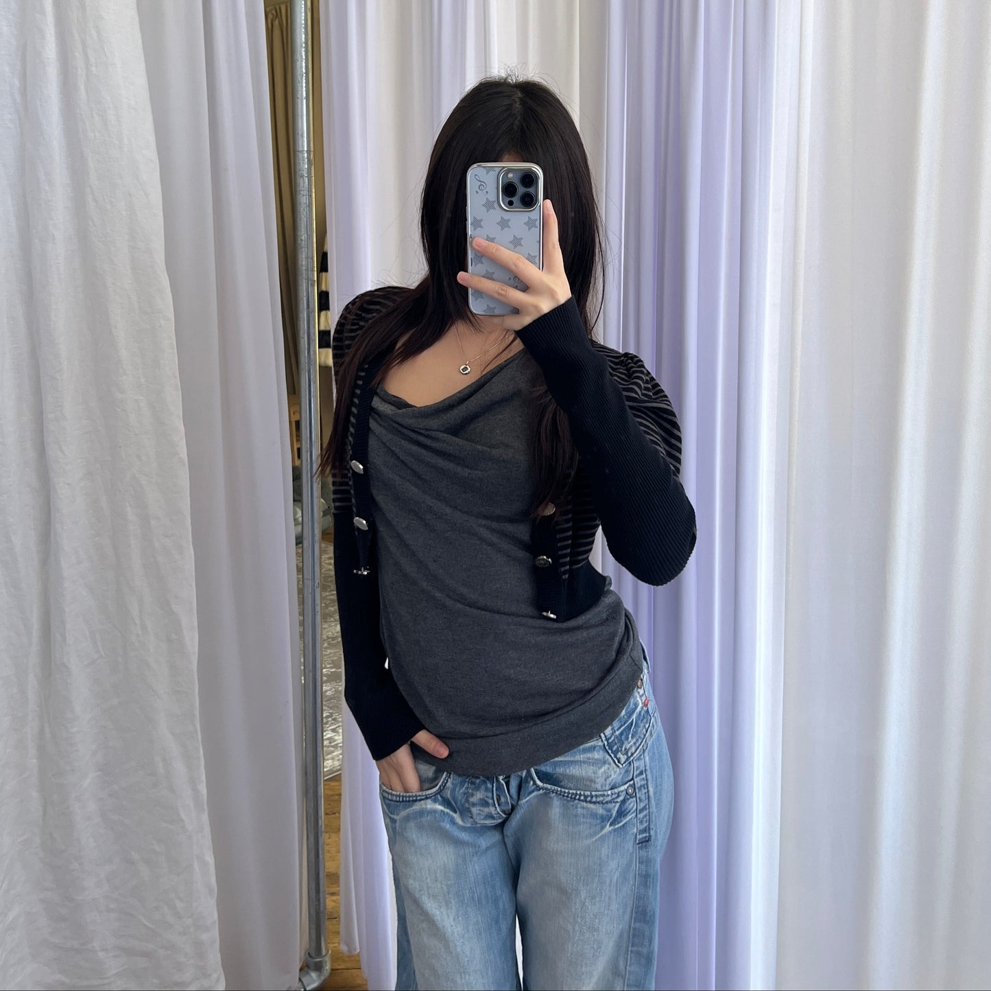 No Excuse Grey Navy Striped Puff Sleeve Cropped Fitted Cardigan