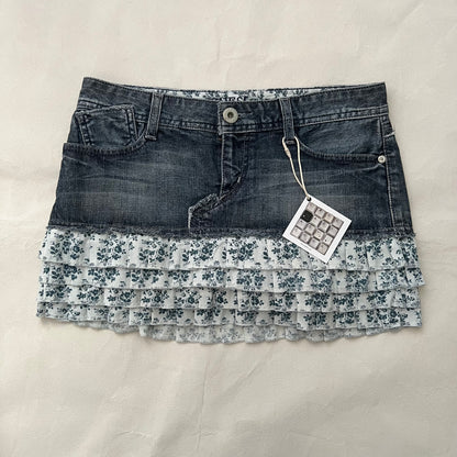 Guess Jeans Medium Wash Denim Blue Floral Ruffle Hem Mini Skirt