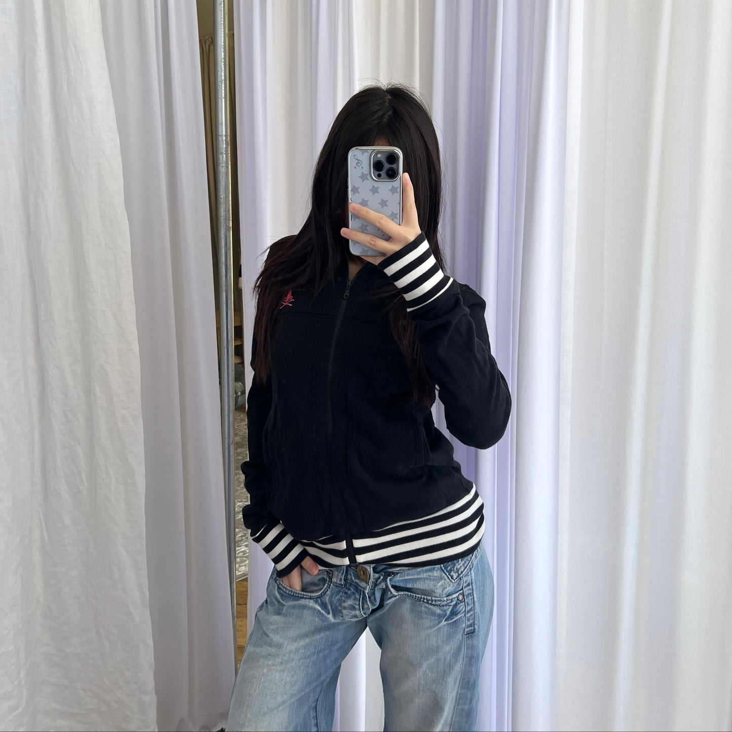 Black Hysteric Glamour Striped Hem Hot Pink Graphic Zip High Neck Tracksuit Jacket