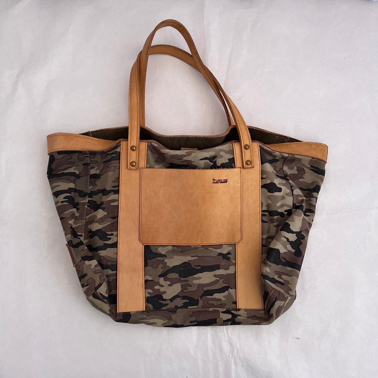 Vintage Harry Hanny Handmade Tan Brown Leather Camo Print Tote Bag