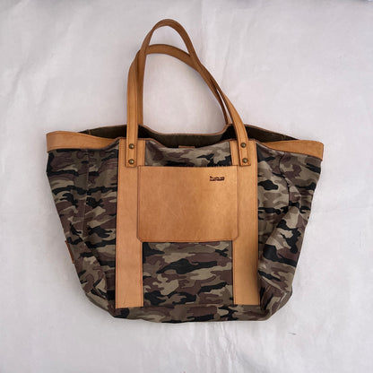 Vintage Harry Hanny Handmade Tan Brown Leather Camo Print Tote Bag