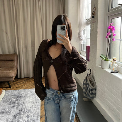 cassis brown knit slouchy long sleeve cardigan