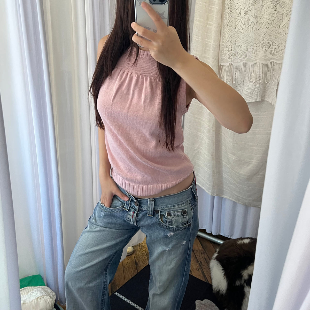 Burberry Blue Label Baby Pink Ribbed Neck High Neck Knit Vest