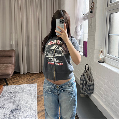 vintage navy car graphic bape short sleeve zip hoodie jacket