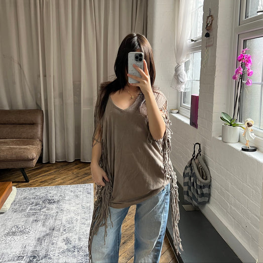 vintage goa taupe brown v neck fringe sleeve oversized shirt