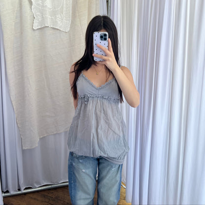 Dusty Blue Silk Lace Trim Babydoll Bubble Hem Tunic Camisole