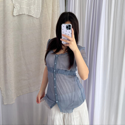 Exe Sheer Powder Blue Short Sleeve Lacey Button Down Blouson Shirt