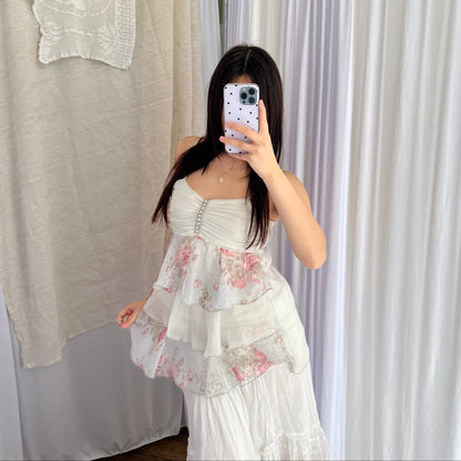 Vintage White Blue Floral Ruched Bust Frilly Silk Tiered Camisole