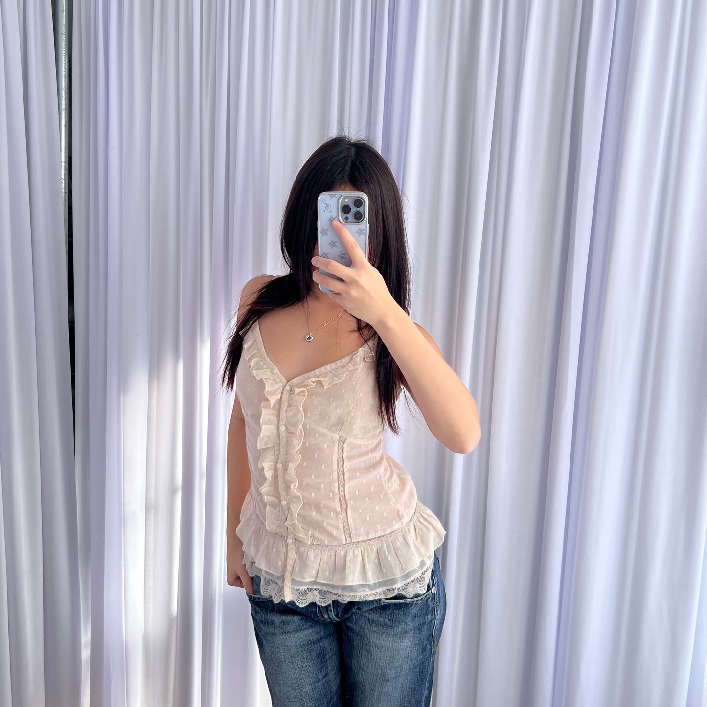 Morgan De Toi Balletcore Ivory Ruffle Lace Button Accent Camisole