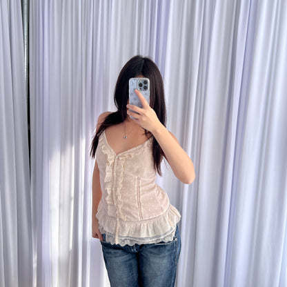 Morgan De Toi Balletcore Ivory Ruffle Lace Button Accent Camisole