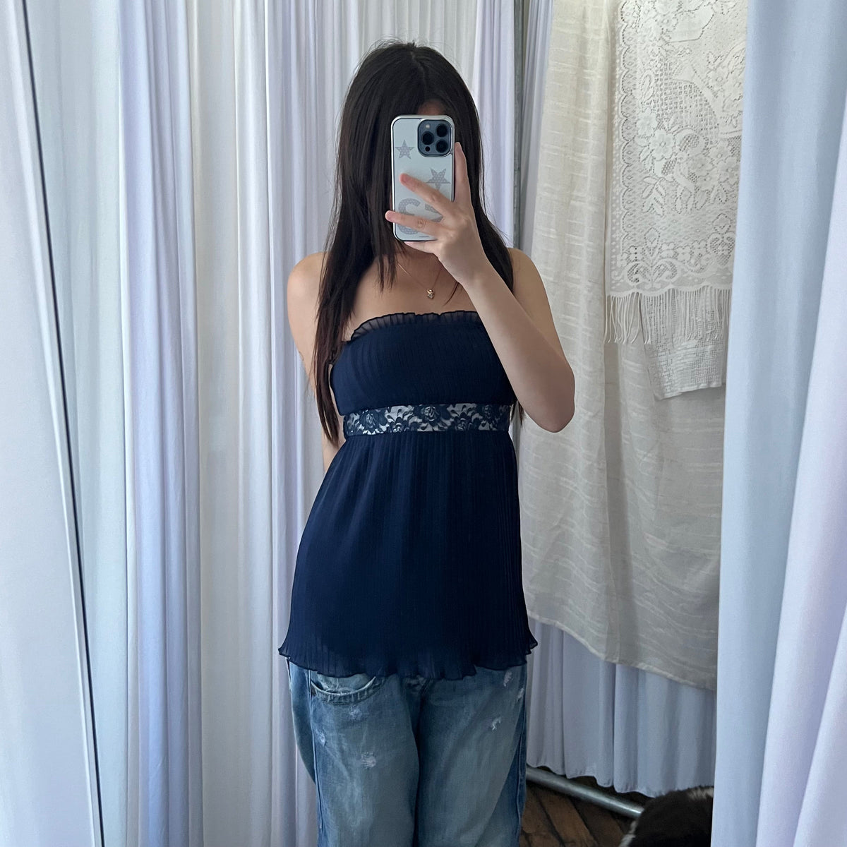 Intimissimi Navy Pleated Lace Ribbon Flared Sleeveless Bandeau Top