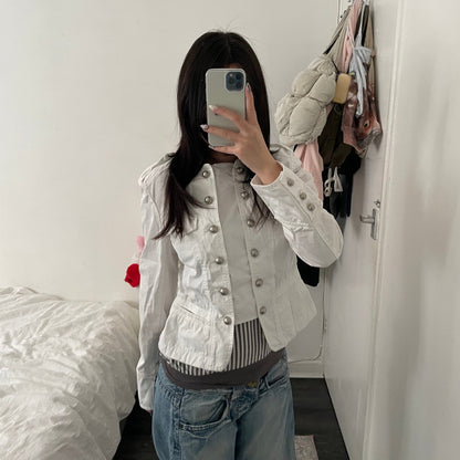 my collection white corpcore military style dual button picot lace jacket
