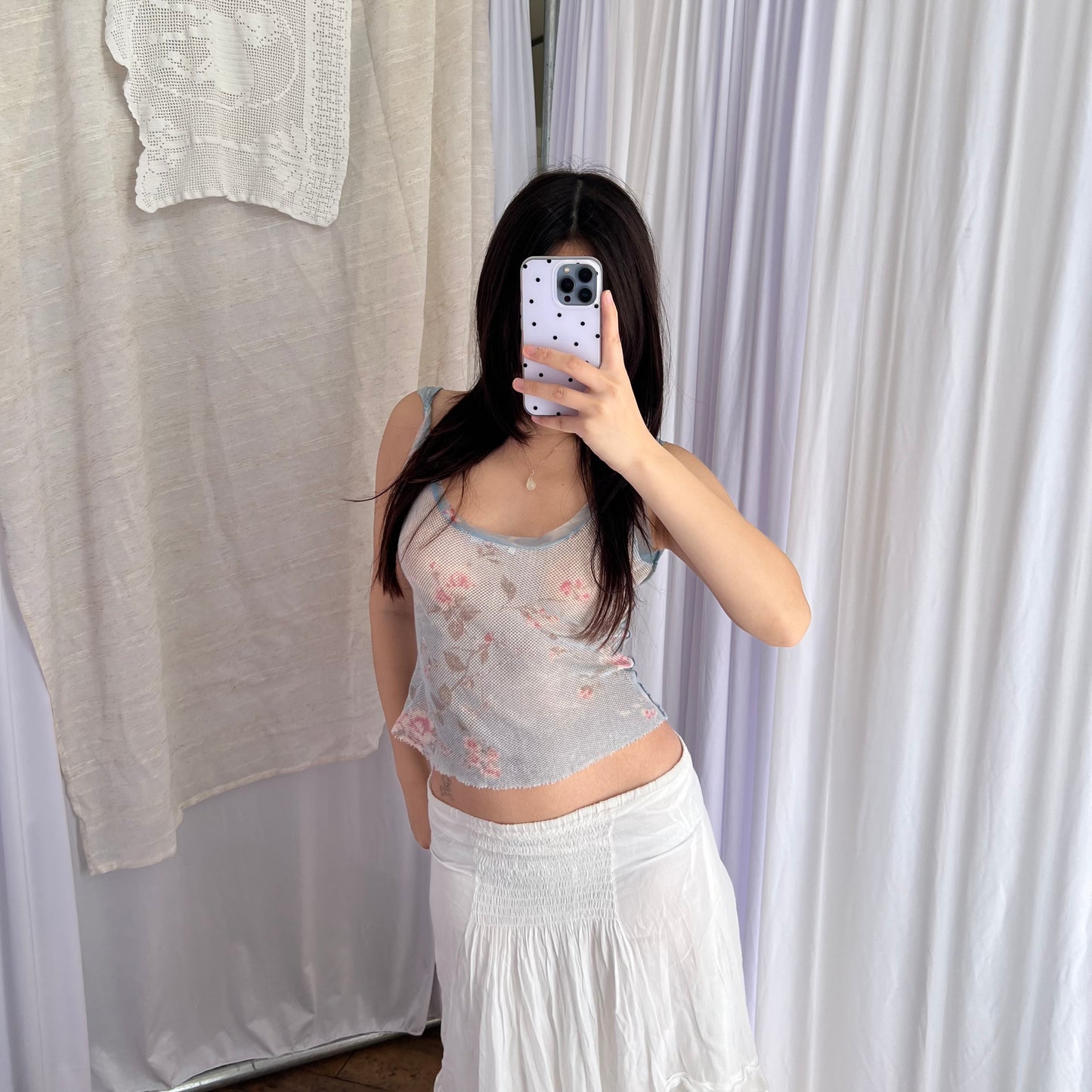 Promod Blue Gradient Floral Fishnet Mesh Vest Top