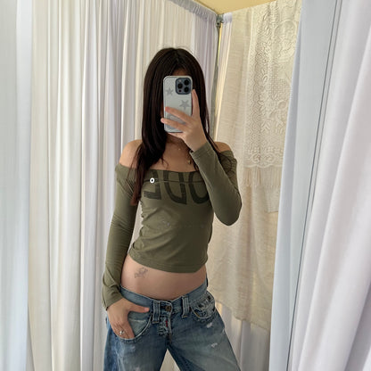 Imperial Khaki Boat Neck Text Half Sleeve Top