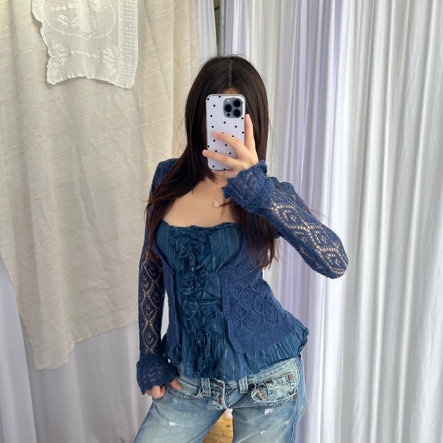 Morgan De Toi Navy Fine Knit Lace Crochet Two In One Silver Striped Cardigan Top