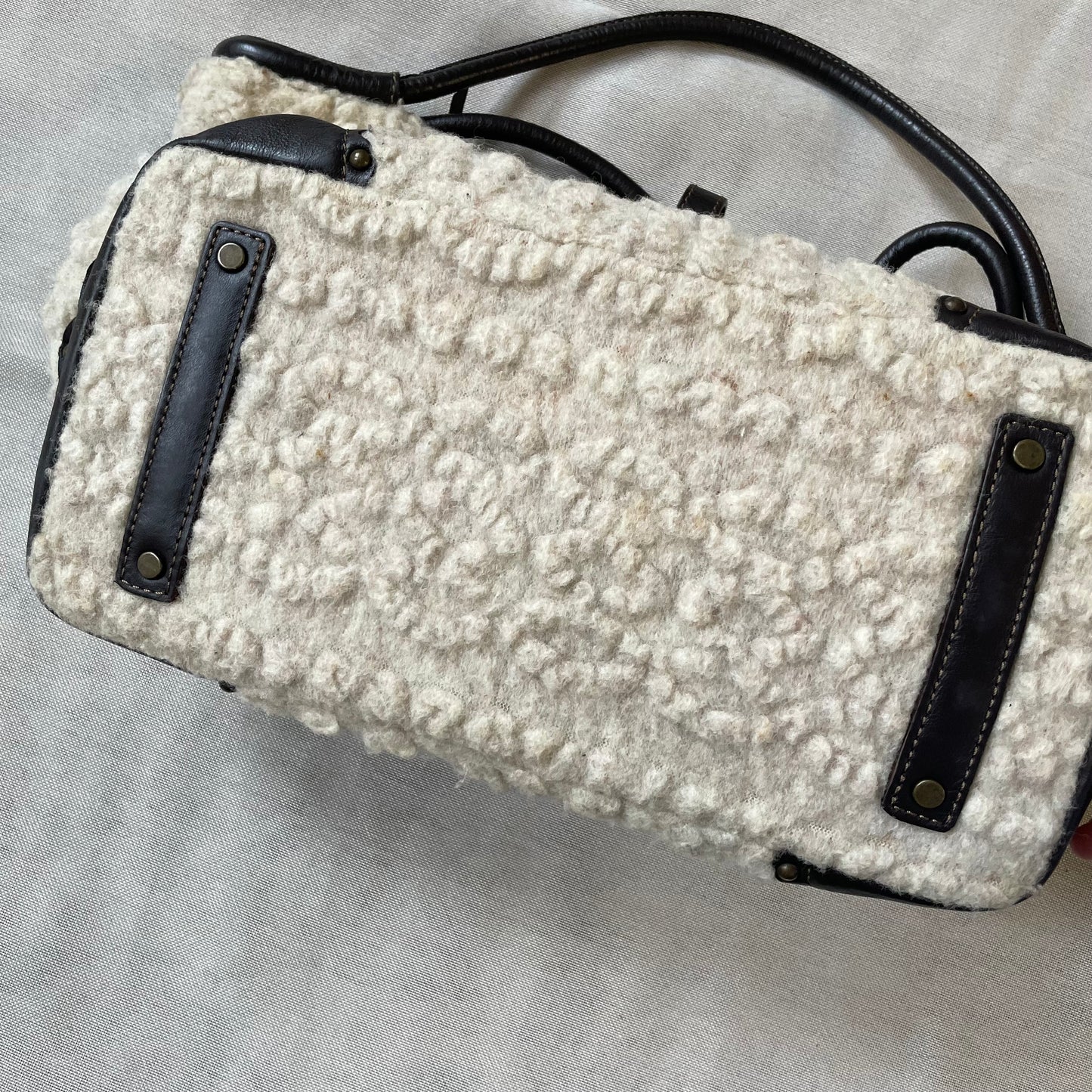 coquette boho roberto gandolfi cream mouton wool dark brown leather puff heart charm shoulder bag