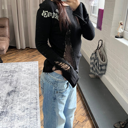 vintage hysterics rock and punk black long sleeve cobweb open distressed knit top