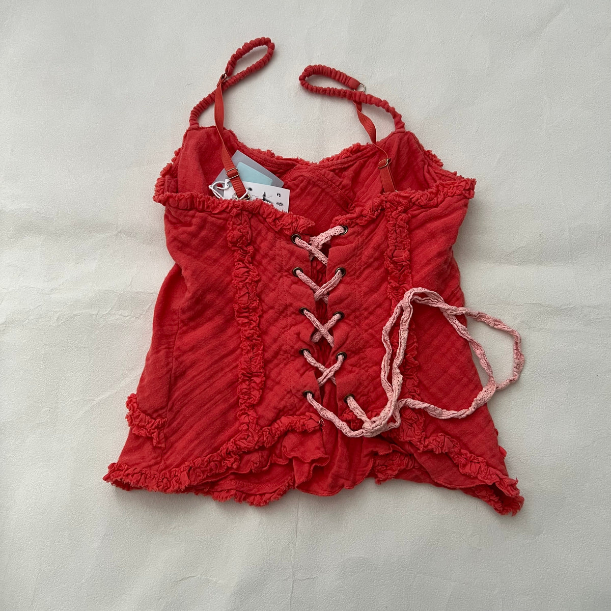 Blood Orange Ruffle Linen Like Lace Up Corset Camisole