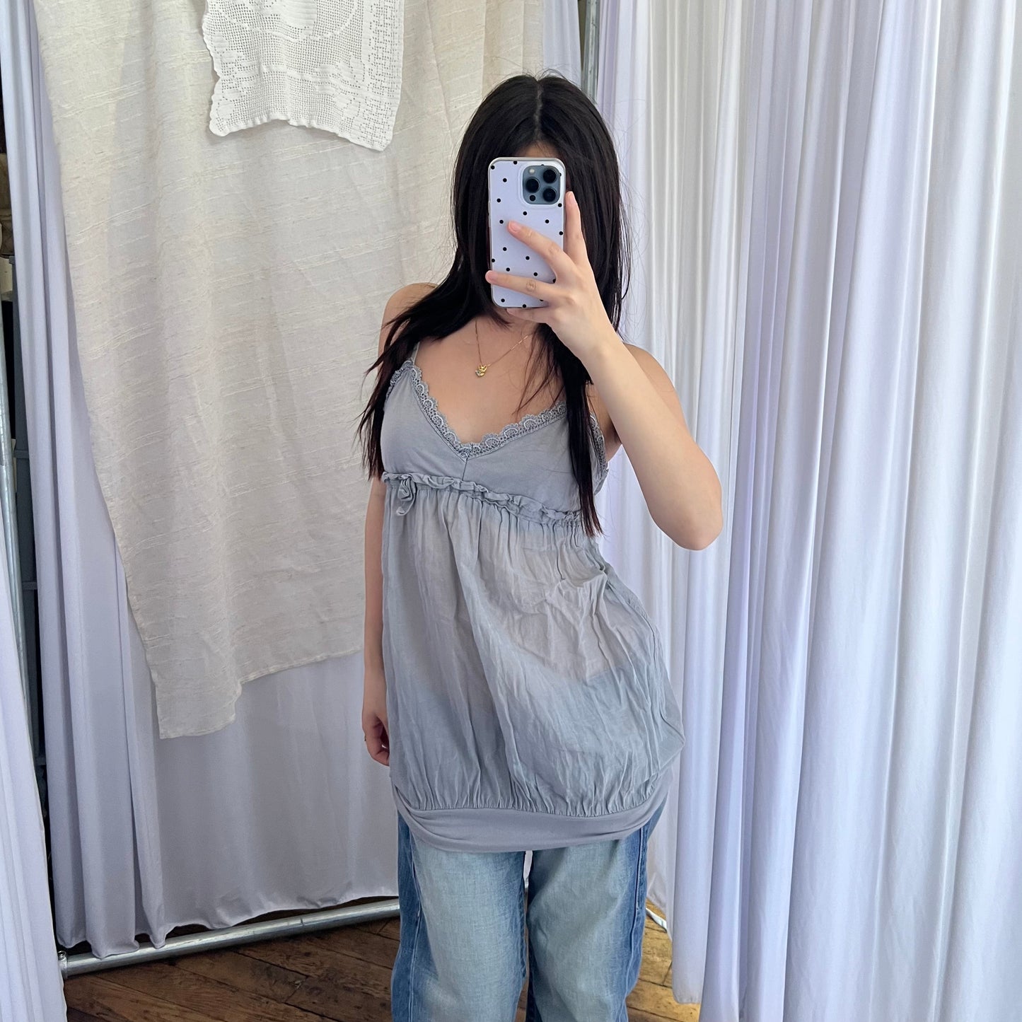 Dusty Blue Silk Lace Trim Babydoll Bubble Hem Tunic Camisole
