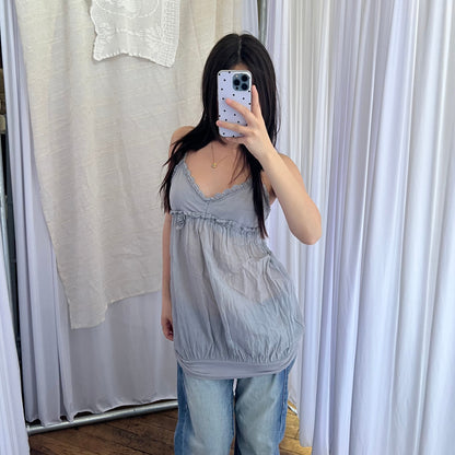 Dusty Blue Silk Lace Trim Babydoll Bubble Hem Tunic Camisole