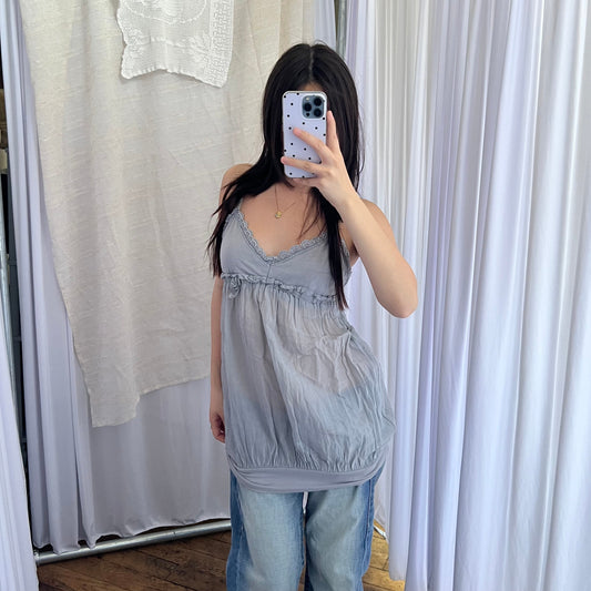 Dusty Blue Silk Lace Trim Babydoll Bubble Hem Tunic Camisole
