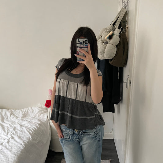 preppy balletcore kookai grey tone wool blend short sleeve babydoll top