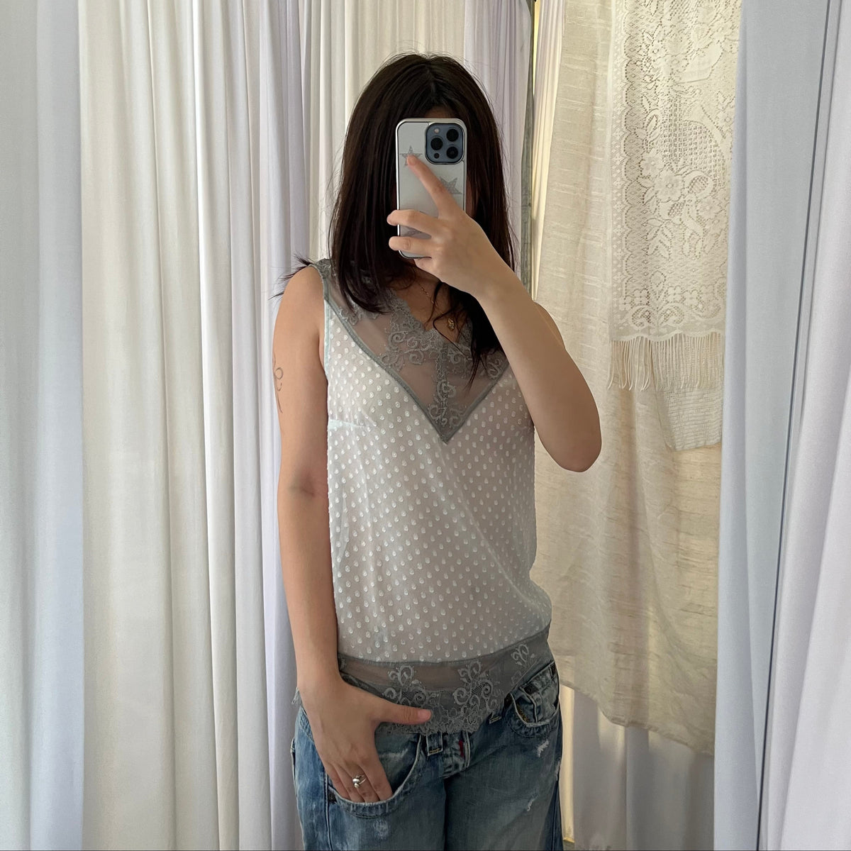 Sisley Light Blue Embossed Polka Dot Grey Lace Trim V Neck Blouse