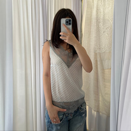 Sisley Light Blue Embossed Polka Dot Grey Lace Trim V Neck Blouse