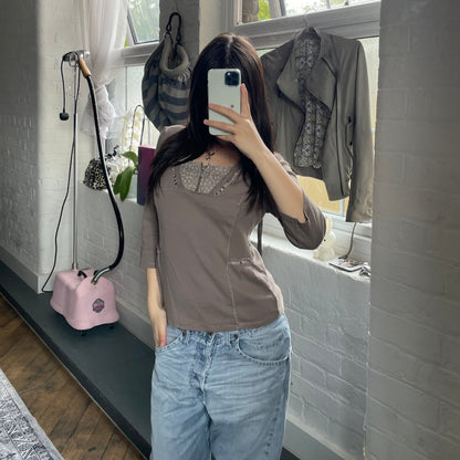 灰褐色 Affinities 七分袖罗纹侧边挤奶女工拉链上衣