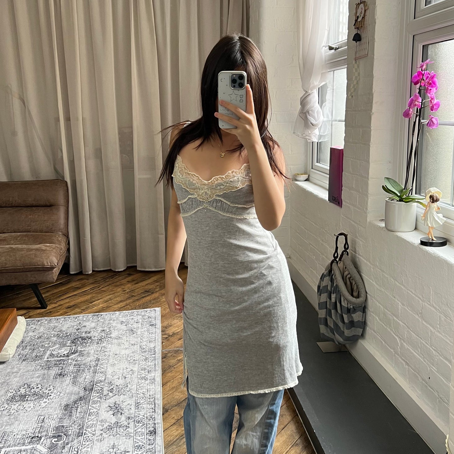 romantic grey elisa caveletti beige lacey ruched pastel button midi dress