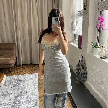 romantic grey elisa caveletti beige lacey ruched pastel button midi dress