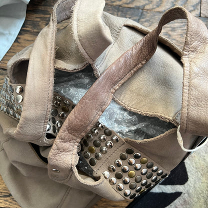 Taupe Brown Leather Studded Fold Over Slouchy Shoulder Bag